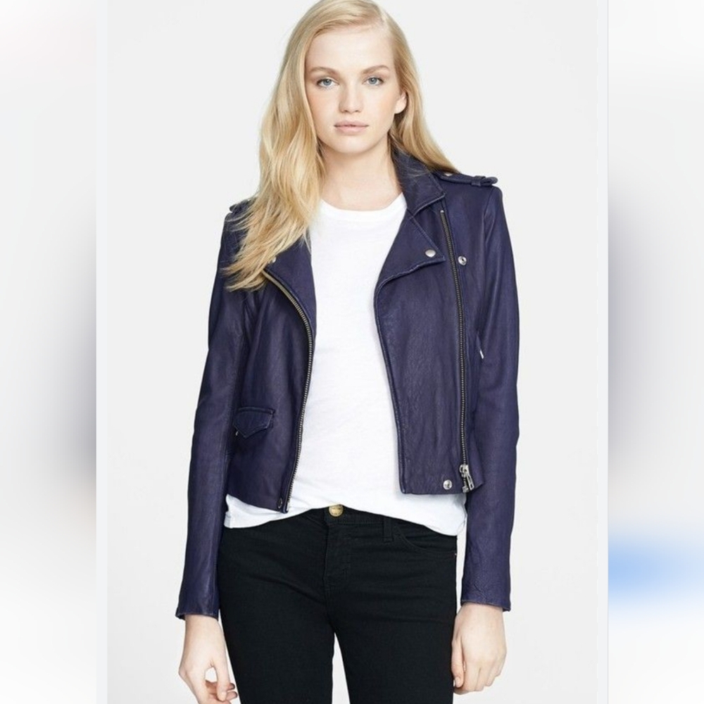Iro Paris Blue Leather Moto Jacket Size Italian 40